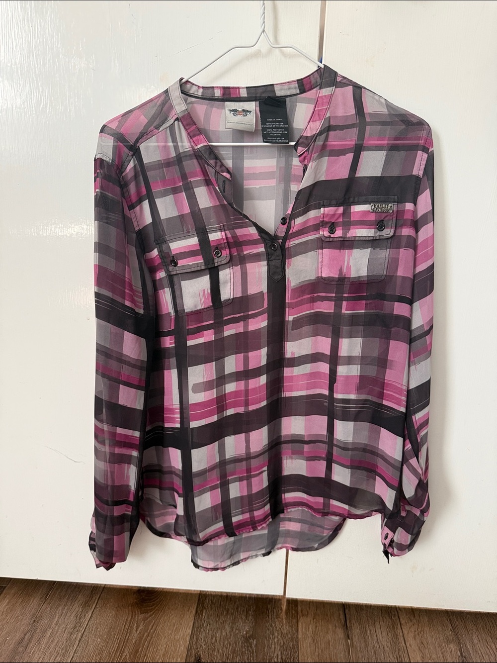 Harley-Davidson Pink, Gray & White Plaid Button-Up Shirt